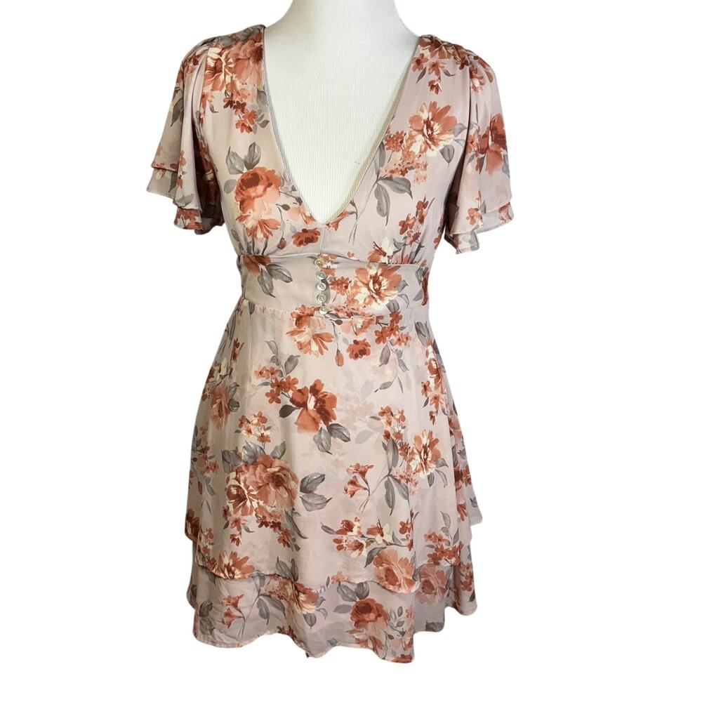 Altar'd State Tiered V Neck Floral Mini Dress Womens Size M Feminine Orange Pink